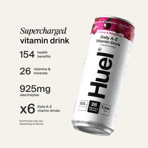 A can of Huel Daily A-Z Vitamins with Cherries & Raspberries on, set against a neutral background