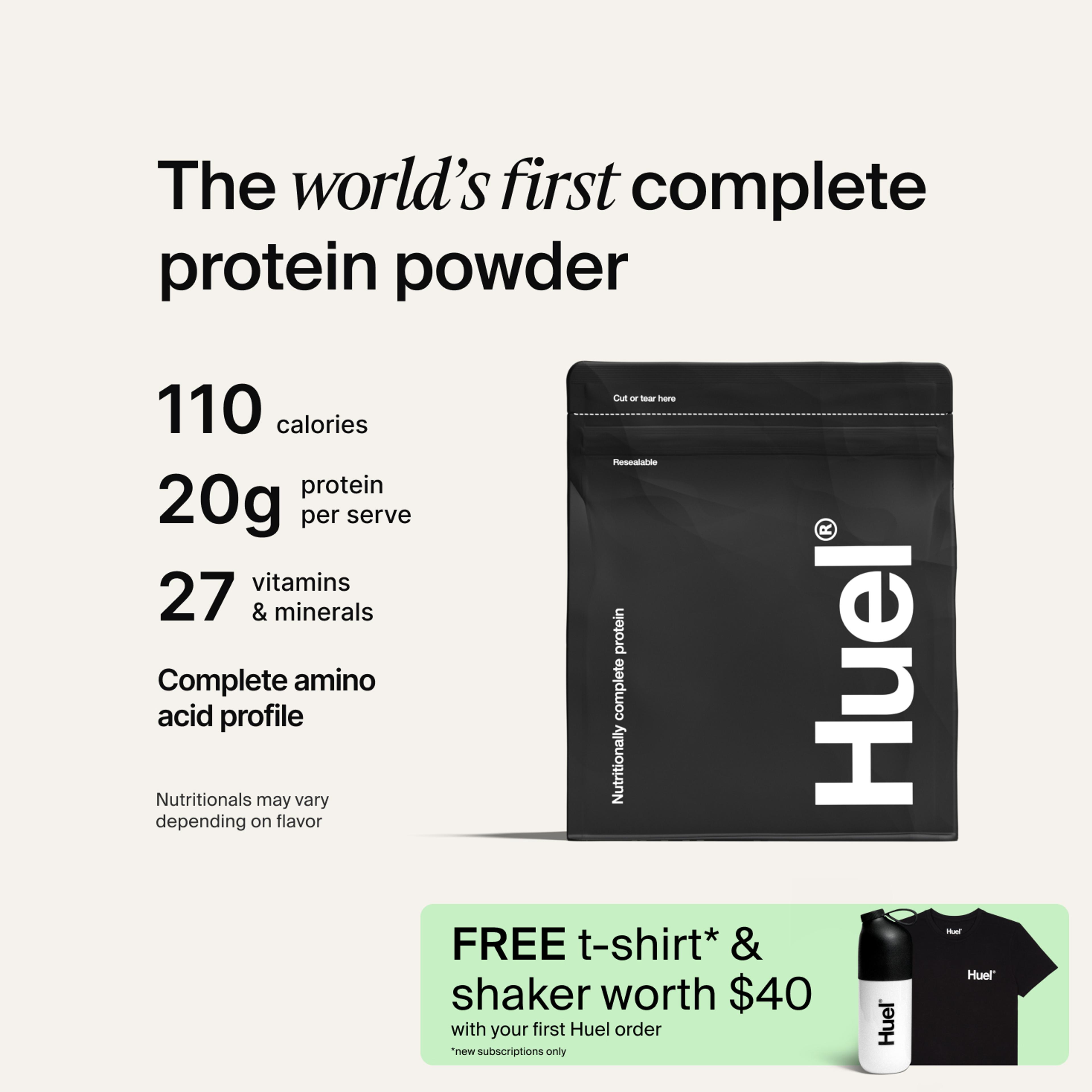 Black bag of Huel Complete Protein powder on a neutral colour background, accompanied by key benefits of Huel