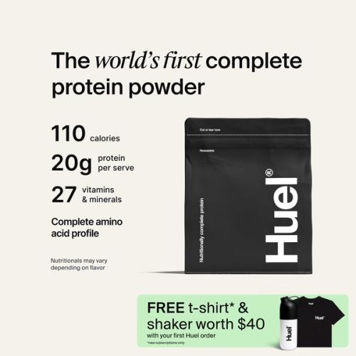 Black bag of Huel Complete Protein powder on a neutral colour background, accompanied by key benefits of Huel