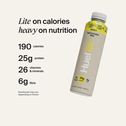 Huel Ready-to-drink Lite bottle, alongside text highlighting 190 calories, 25g protein, 26 vitamins and minerals, and 6g fibre.