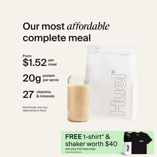 A white pouch of Huel Essential and a Huel shaker on a neutral colour background