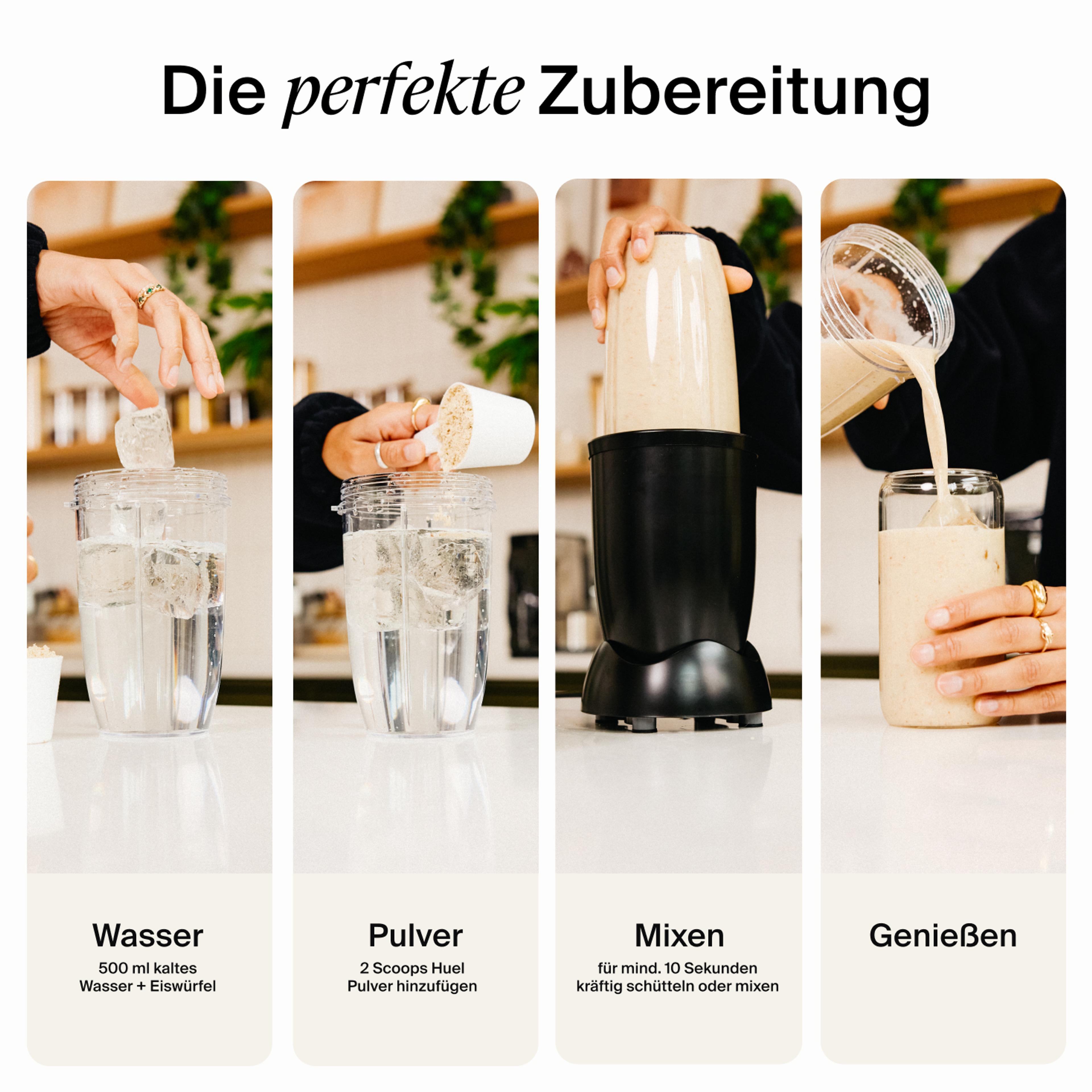 visual instructions for how to prepare a Huel meal shake