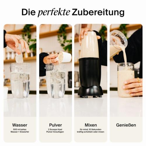 visual instructions for how to prepare a Huel meal shake