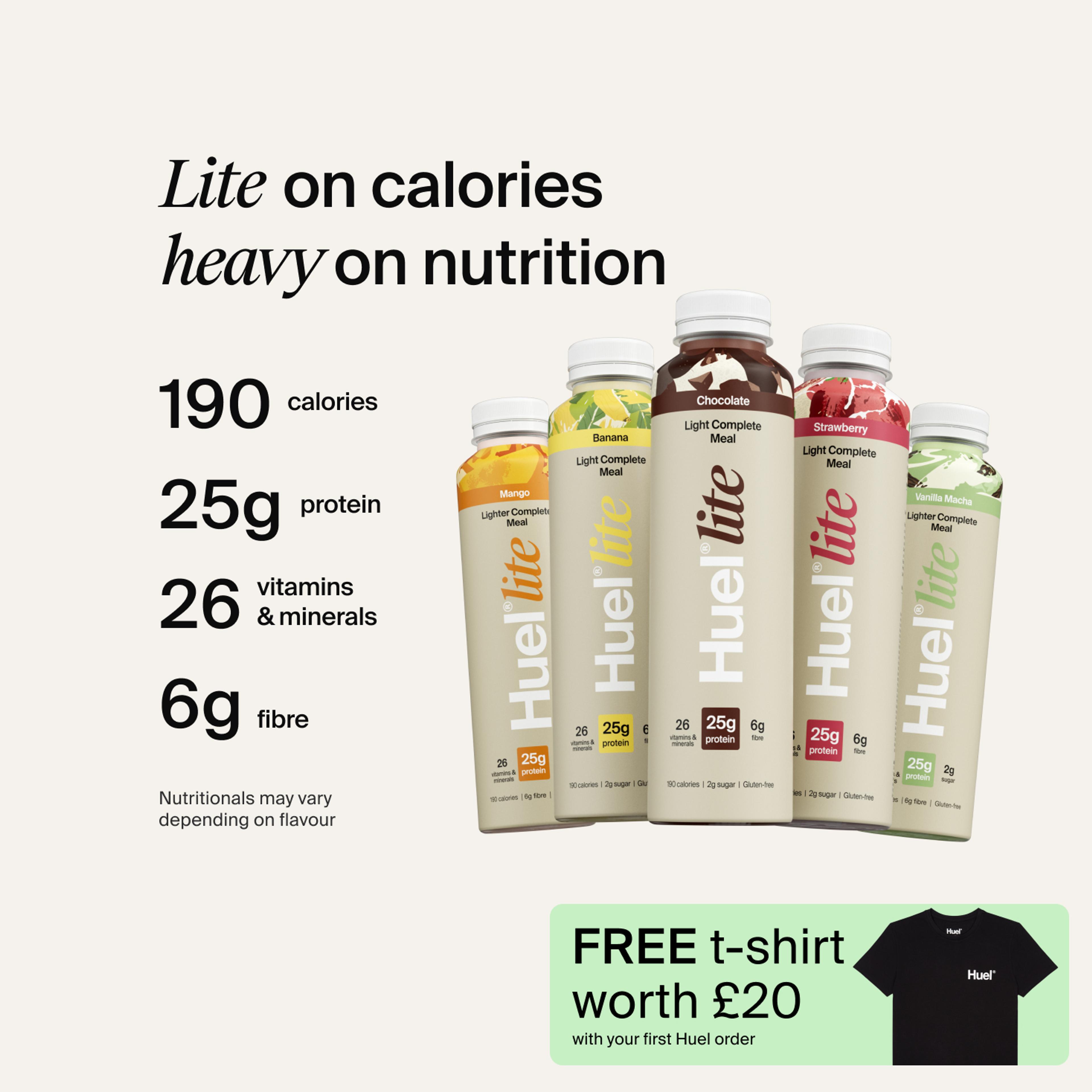 A picture of a Huel's lite ready-to-drink bottles, one of each flavour, with nutrition callouts