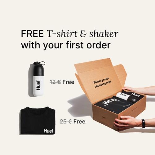 Image of a Huel unboxing, shaker and black t-shirt