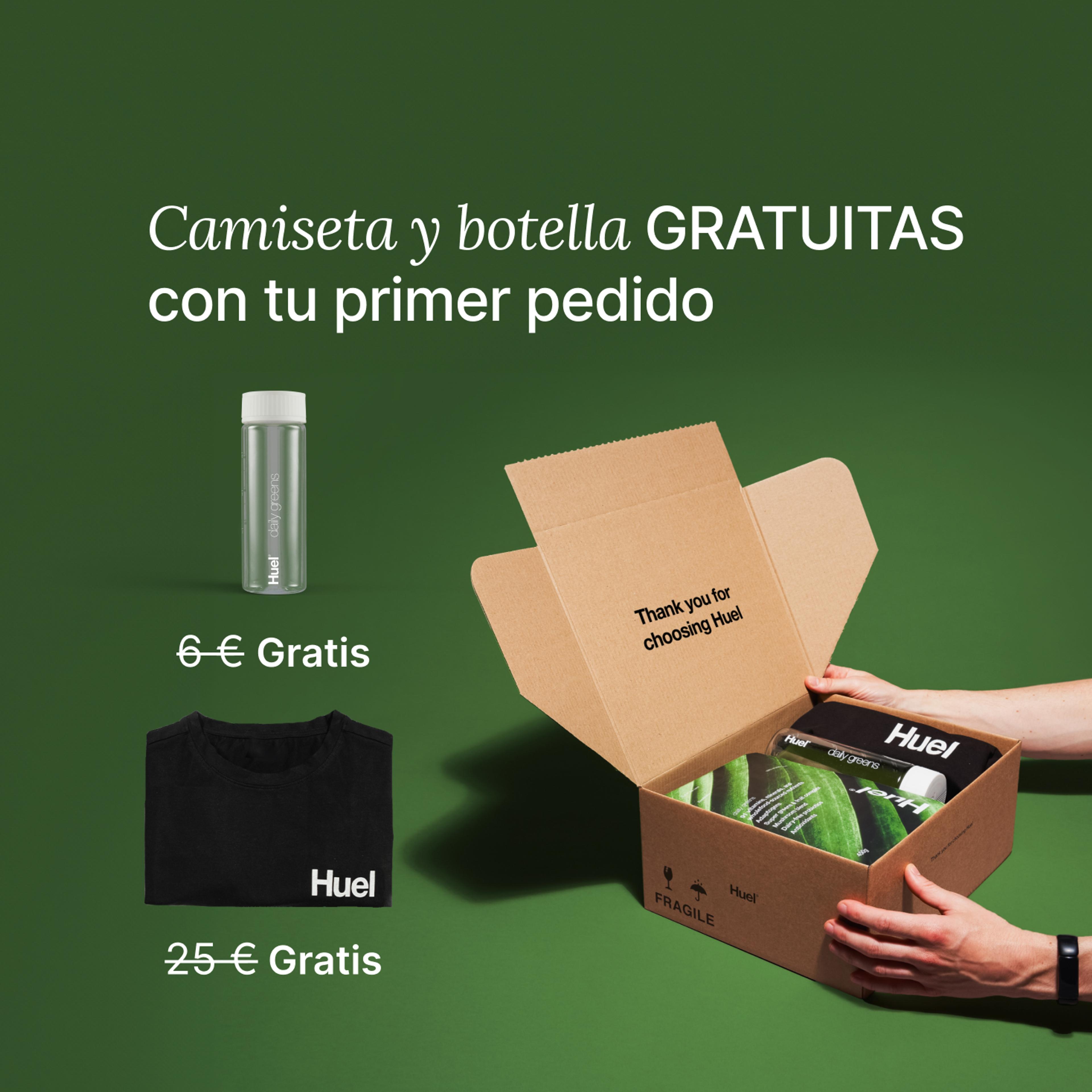 Unboxing a Huel order containing Daily Greens powder, a black Huel t-shirt, and a clear bottle, set against a green background.