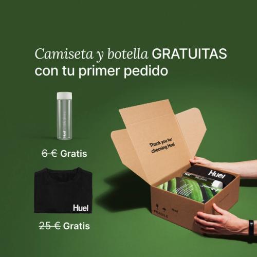 Unboxing a Huel order containing Daily Greens powder, a black Huel t-shirt, and a clear bottle, set against a green background.