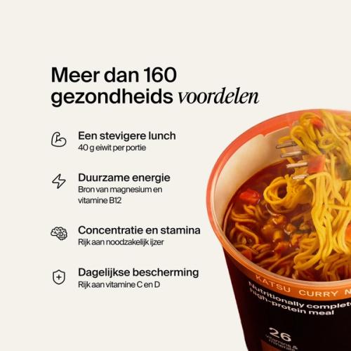 An open pot of Huel Black Edition Ramen on a neutral colour background with benefits listed