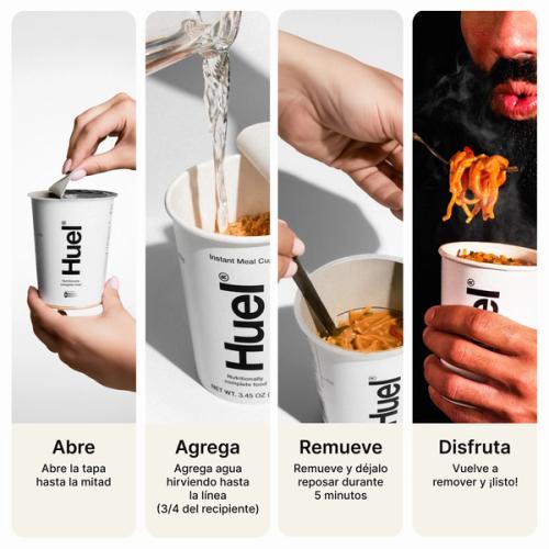 Cómo hacer Ollas- Abrir la tapa hasta la mitad, añadir agua hirviendo hasta la línea de llenado, remover y dejar reposar 5 min, disfrutar