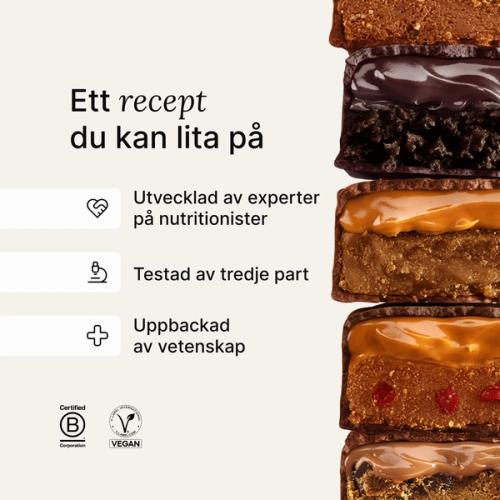 A stack of Huel caramel and peanut bars next to scientific claims about Huel products