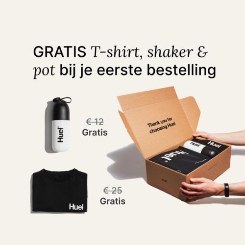 Alle Huel-bestsellers naast een zwart Huel T-shirt