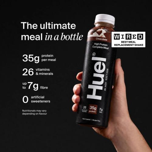 Huel Black Edition Ready-to-drink bottle held in hand, alongside text highlighting 35g protein, 26 vitamins and minerals, up to 7g fibre, and no artificial sweeteners.