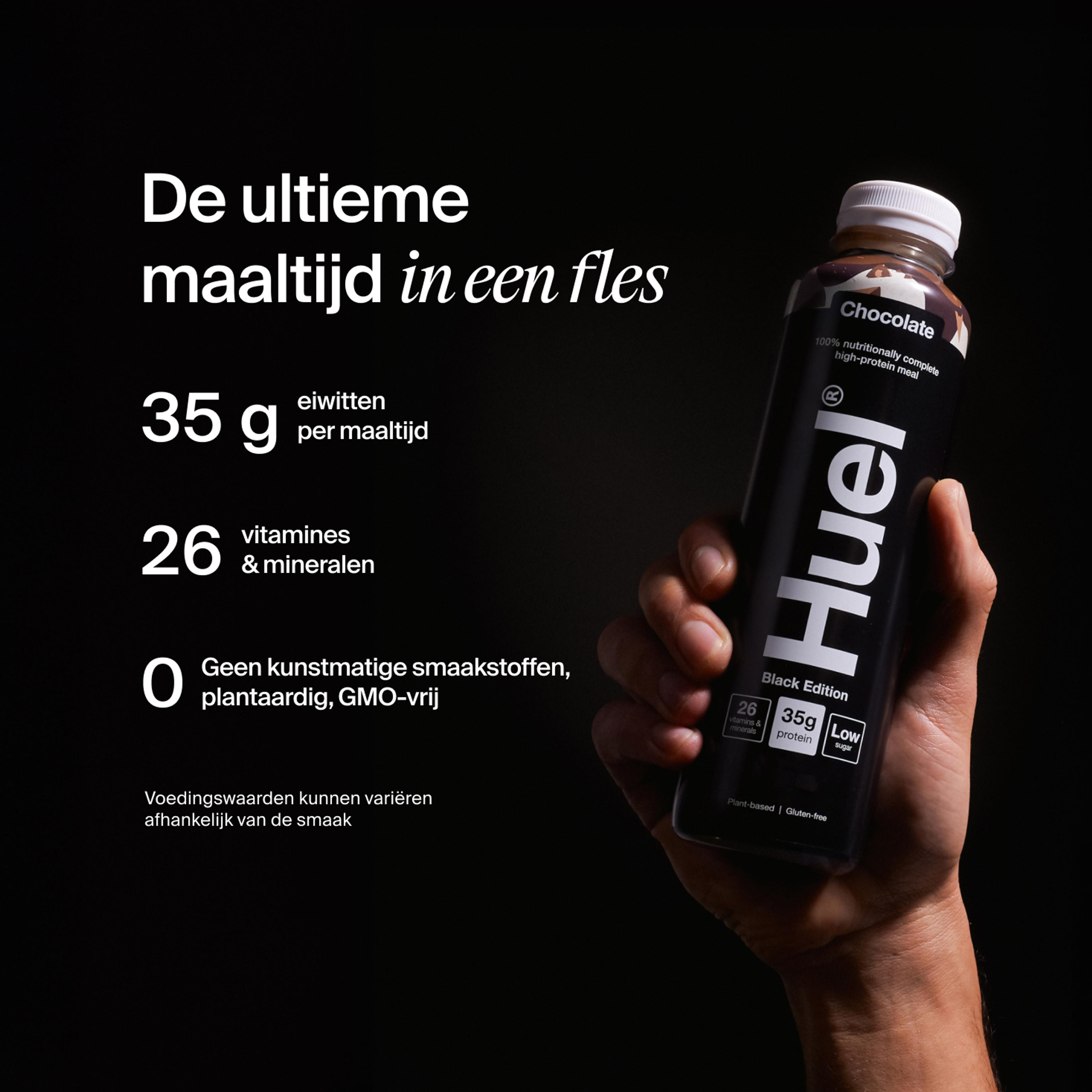 a hand holding a Bottle of Huel RTD with key benefits written next to it