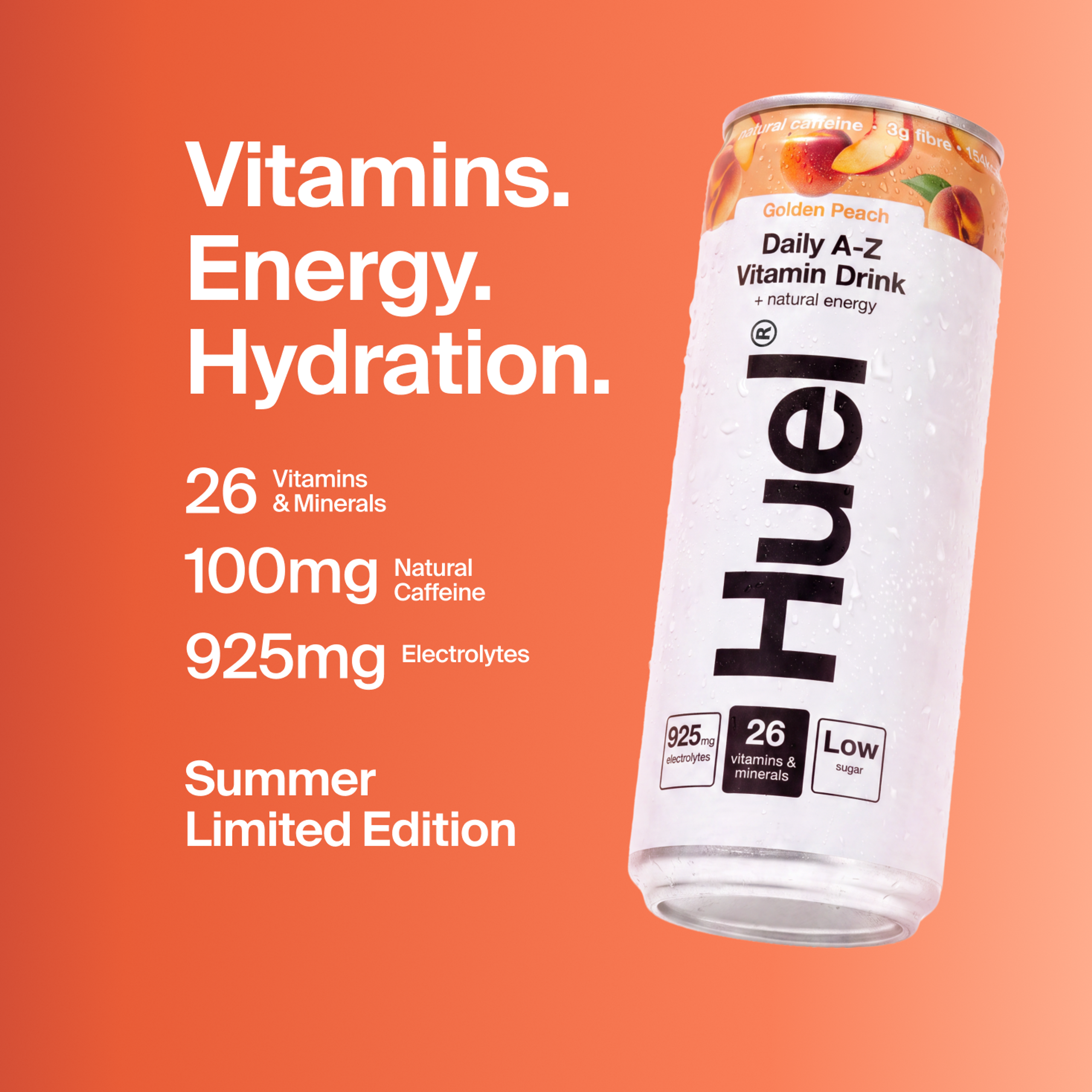 Alt, caffeinated flavours: Huel Daily A-Z Vitamin Drink can, alongside text highlighting 26 vitamins and minerals, 100mg caffeine, 925mg electrolytes, and low sugar.