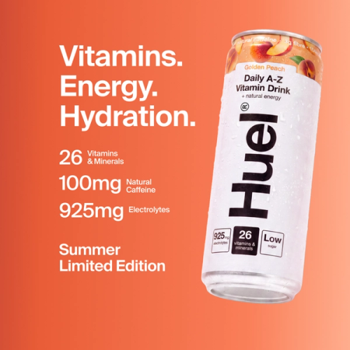 Alt, caffeinated flavours: Huel Daily A-Z Vitamin Drink can, alongside text highlighting 26 vitamins and minerals, 100mg caffeine, 925mg electrolytes, and low sugar.