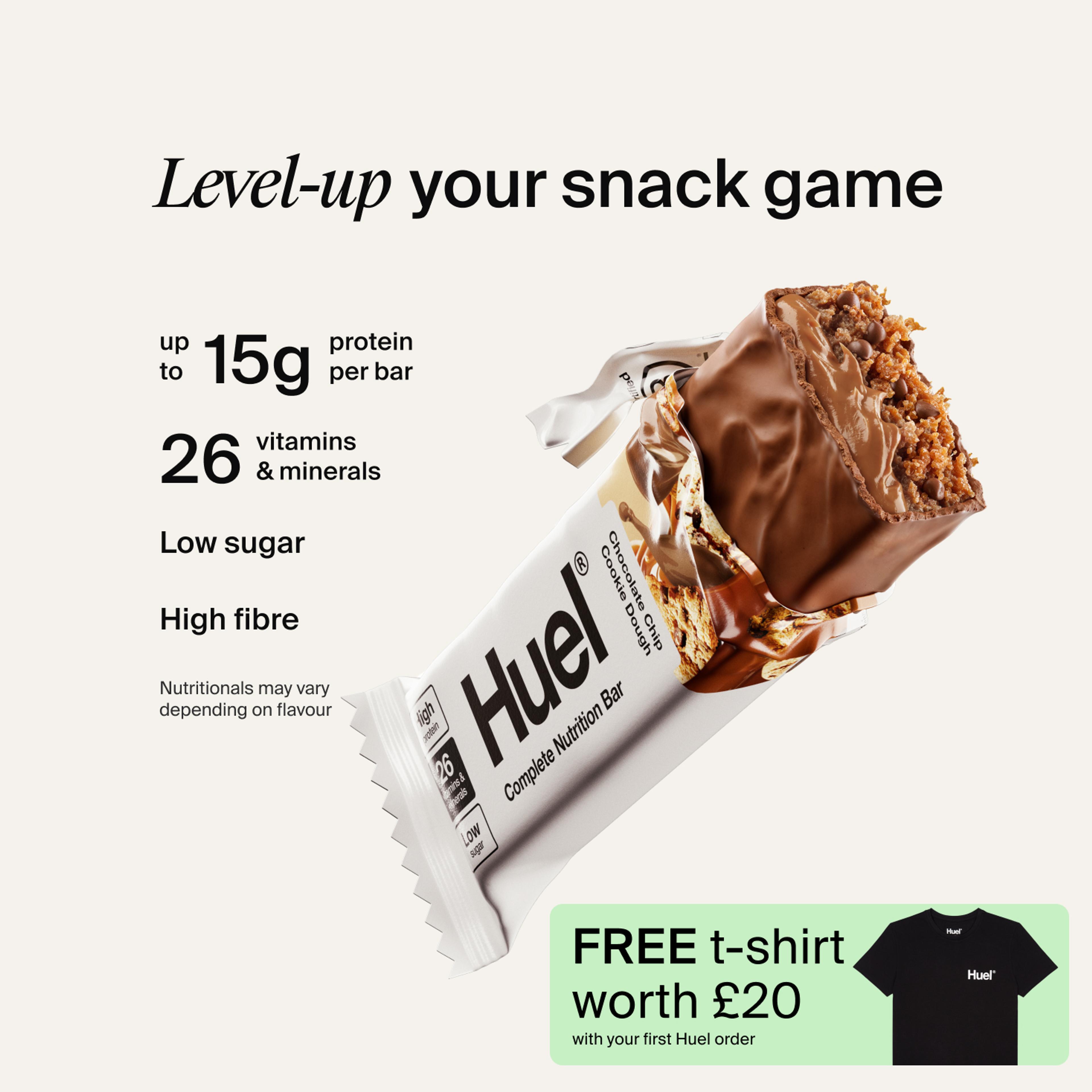 A Huel Complete Nutrition bar with a peanut and caramel filling, set against a beige-colour background