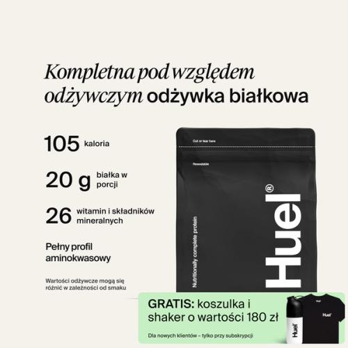 Czarna torba z proszkiem Huel Complete Protein na neutralnym tle, z kluczowymi korzyściami Huel wypisanymi obok.