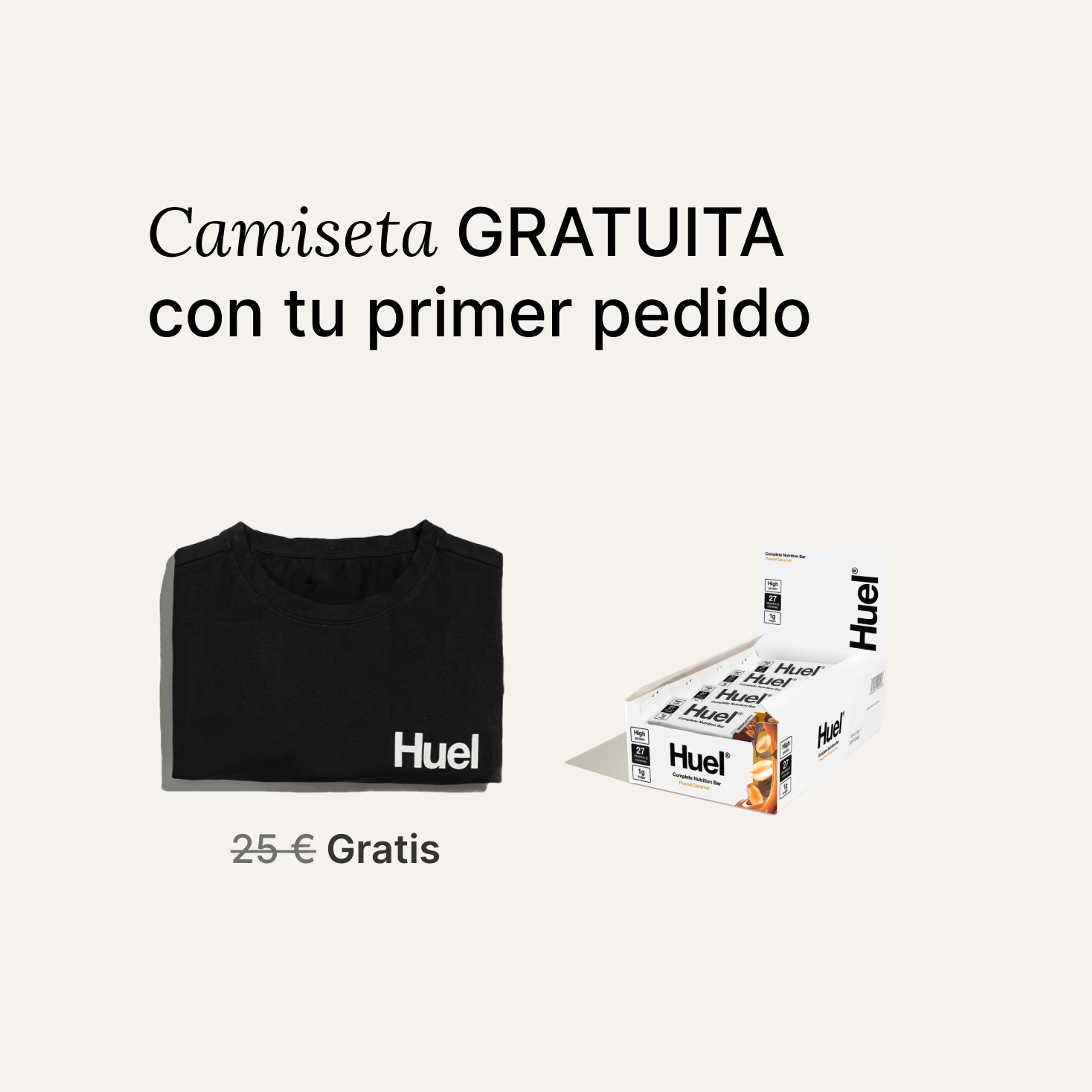 A box of Huel complete nutrition bars on a neutral background next to a black Huel t-shirt