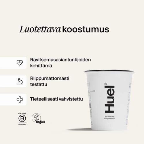 Valkoinen Huel-astia luonnonvalkoisella taustalla ja huomiotekstejä, jotka kertovat Huelin tieteellisestä luotettavuudesta
