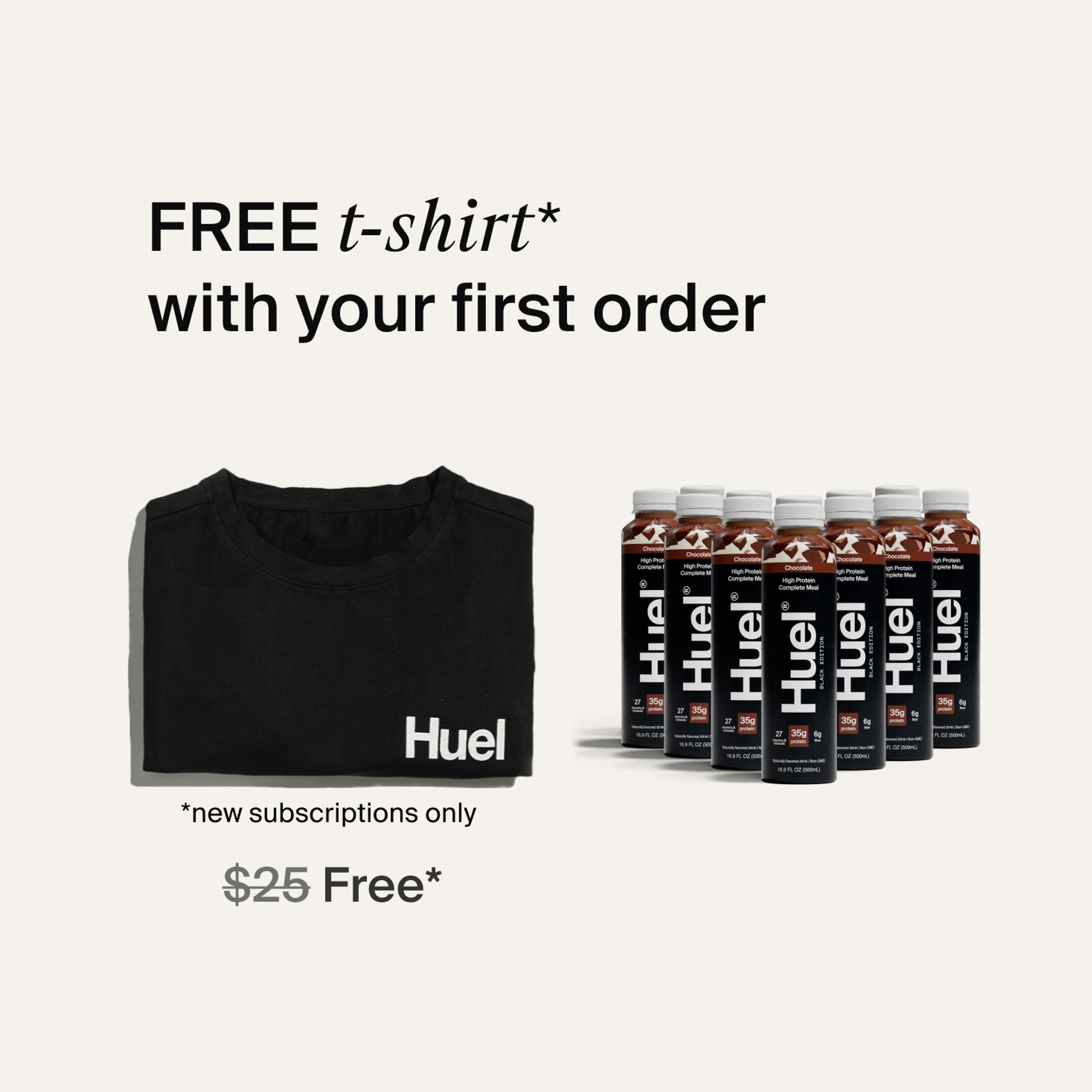 A selection of Huel Black Edition Ready-to-drink protein drinks next to a folded Black Huel t-shirt