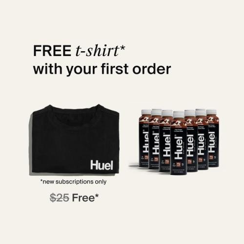 A selection of Huel Black Edition Ready-to-drink protein drinks next to a folded Black Huel t-shirt