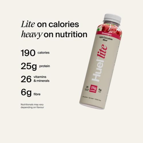 Huel Ready-to-drink Lite bottle, alongside text highlighting 190 calories, 25g protein, 26 vitamins and minerals, and 6g fibre.