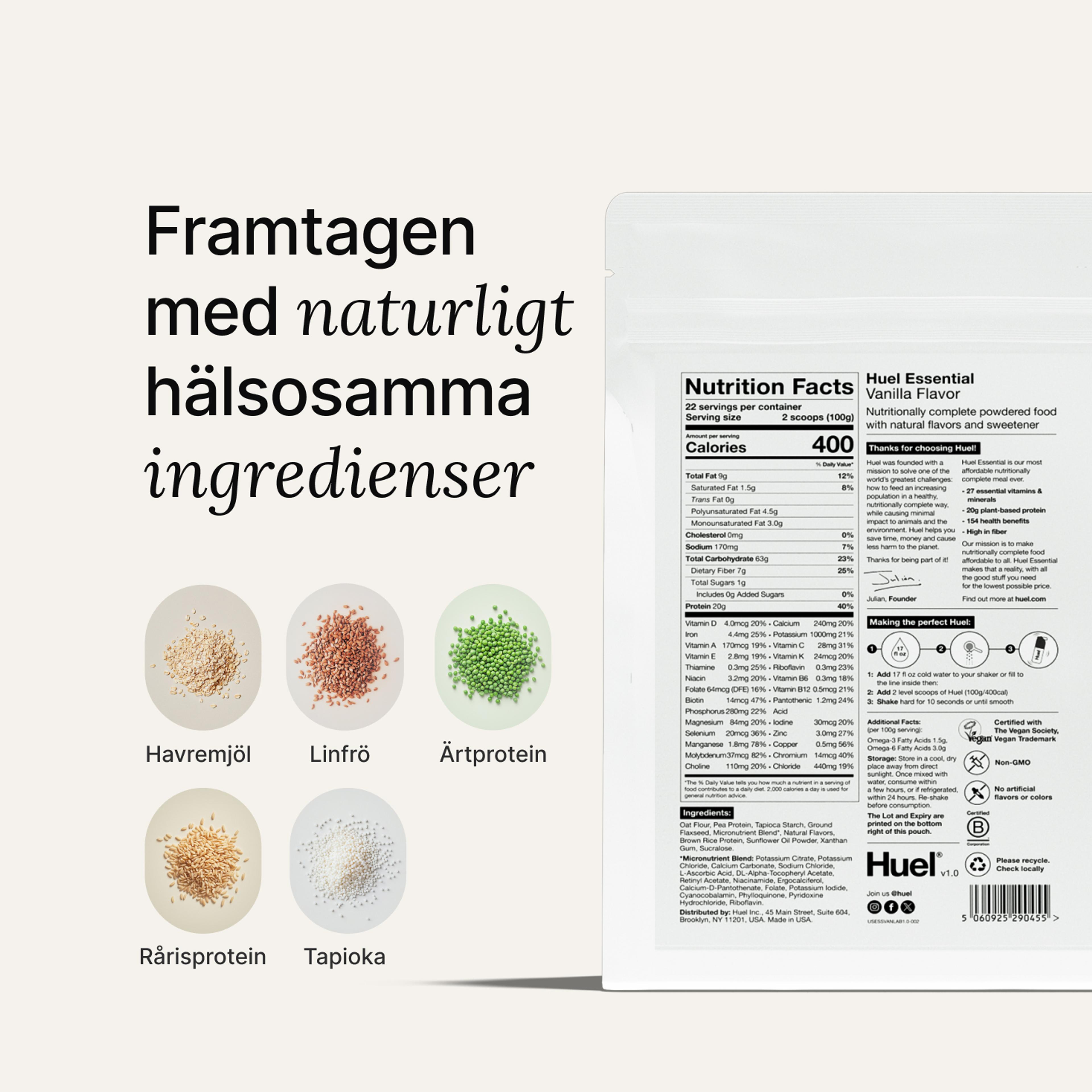 The reverse of a white pouch of Huel Powder showing off nutritional information, next to some raw ingredients