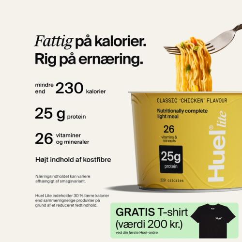 Et bæger Huel Lite Ramen med fremhævelser af komplet ernæring