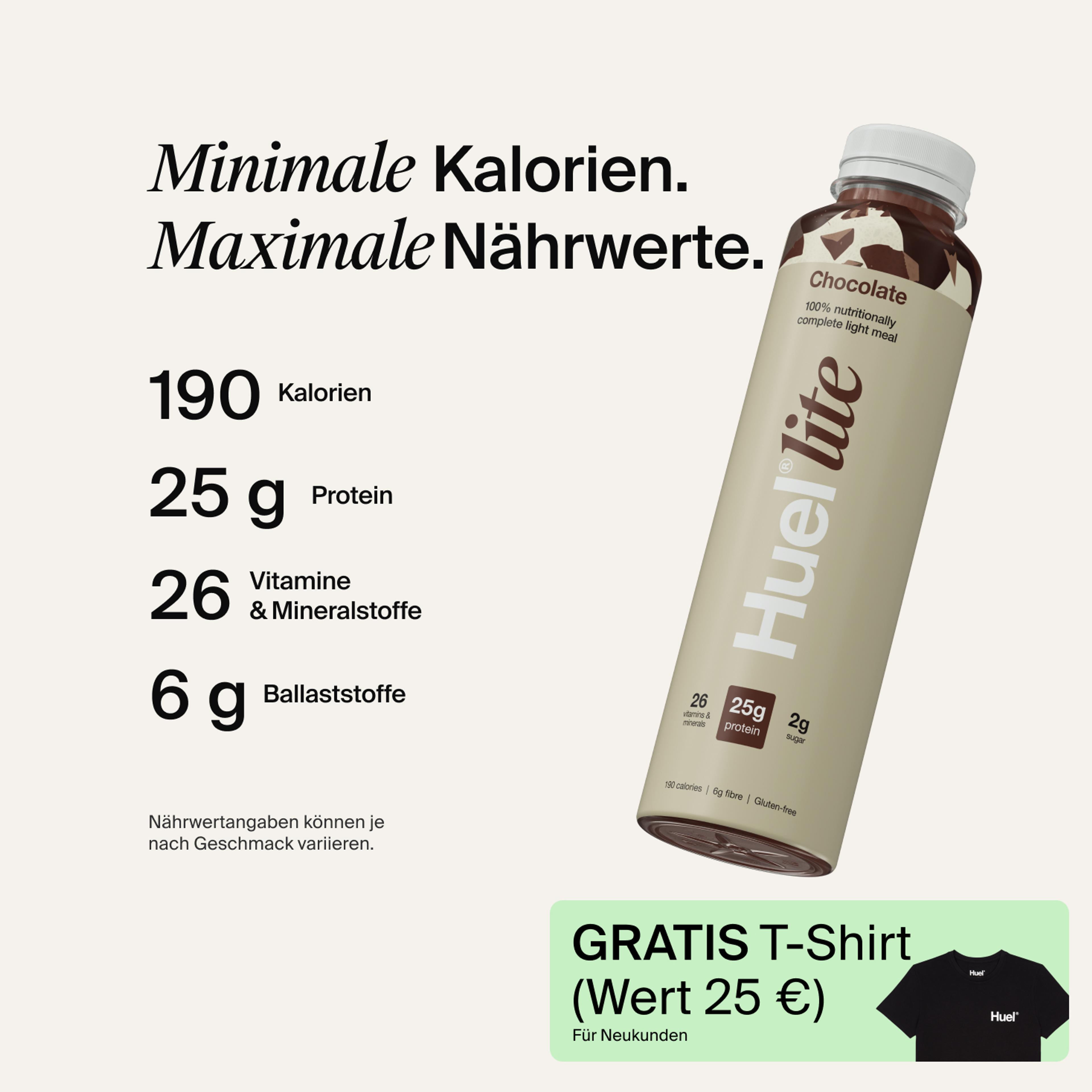 A picture of a Huel's lite ready-to-drink bottle with nutrition callouts