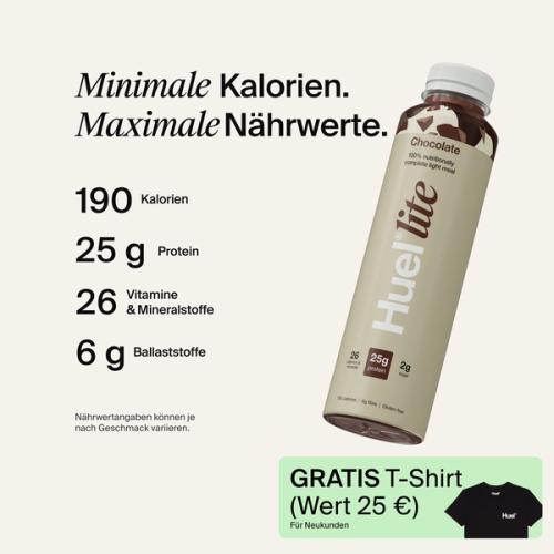 A picture of a Huel's lite ready-to-drink bottle with nutrition callouts