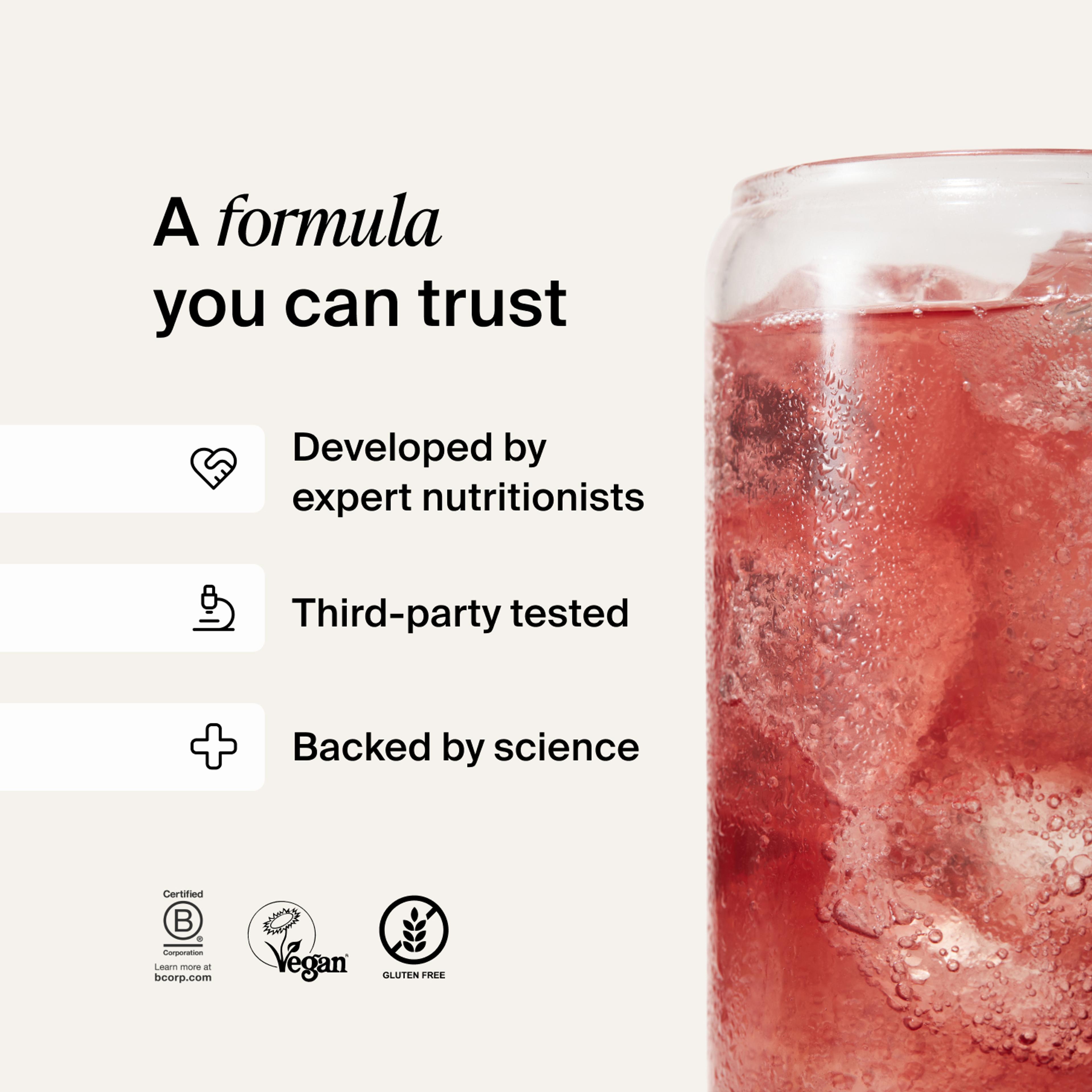 A formula you can trust. Developed by expert nutritionists, rigorously tested, and backed by science. Featuring the logos for Certified B Corps, KLBD, and Vegan society