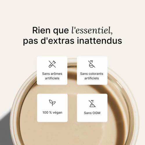 image of a glass of Huel meal replacement drink on a neutral colour background with key health benefits