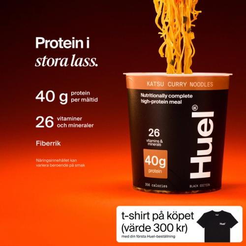 A pot of Huel Black Edition Ramen with Complete Nutrition callouts on a red and black gradient background