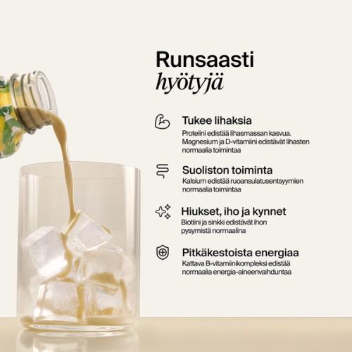 Terveyshyödyt, kuten fyysinen suorituskyky, suoliston hyvinvointi, hiusten, ihon ja kynsien terveys sekä pitkäkestoinen energia