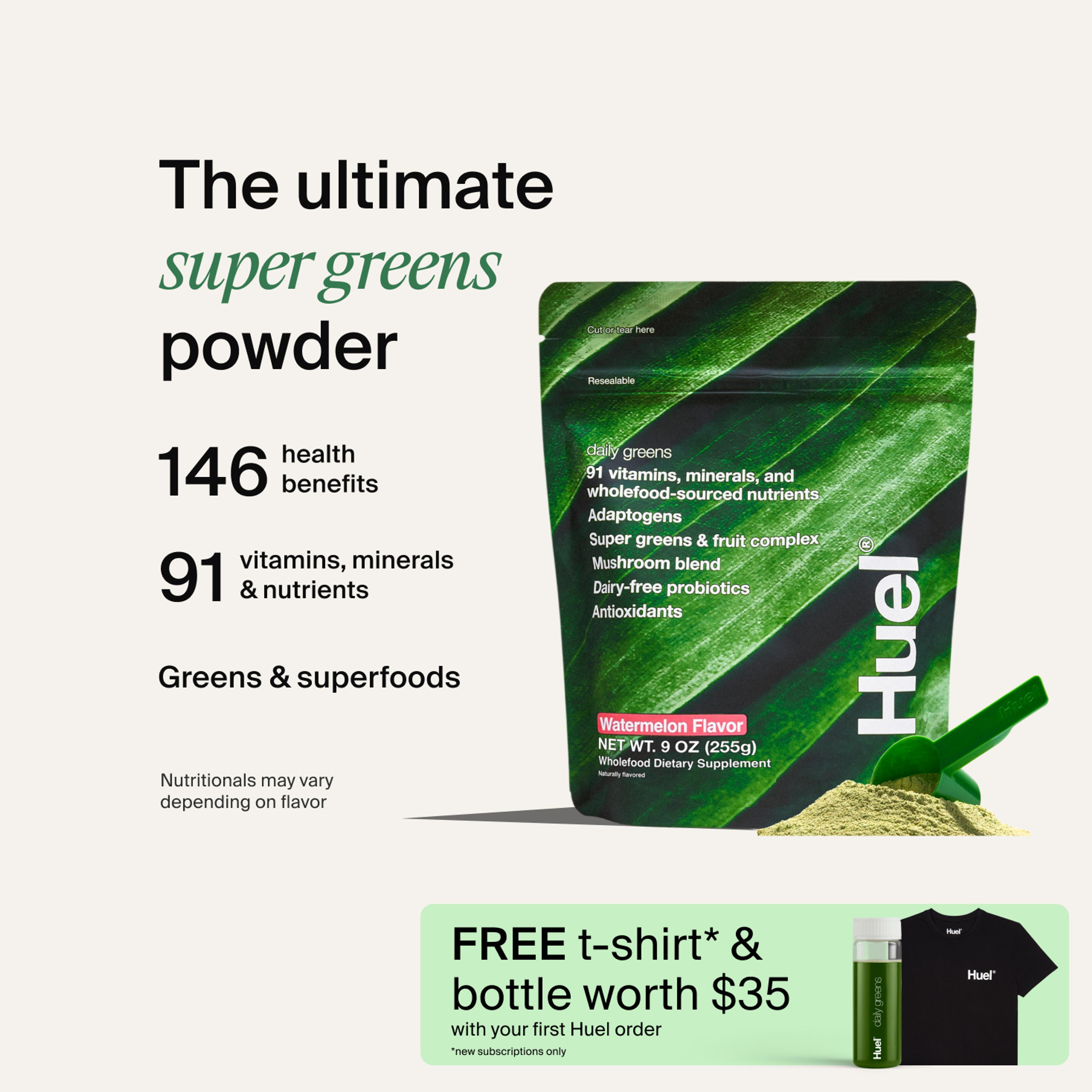 A picture of a Daily Greens bottle with nutrition callouts