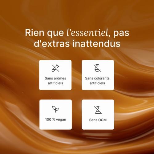 An extreme close-up of swirling caramel with key Huel health benefits overlayed