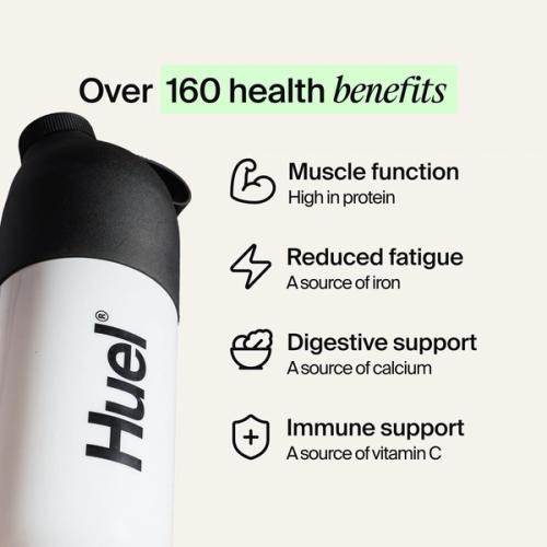 A black and white Huel shaker on a neutral background, with the benefits of Huel listed beside it