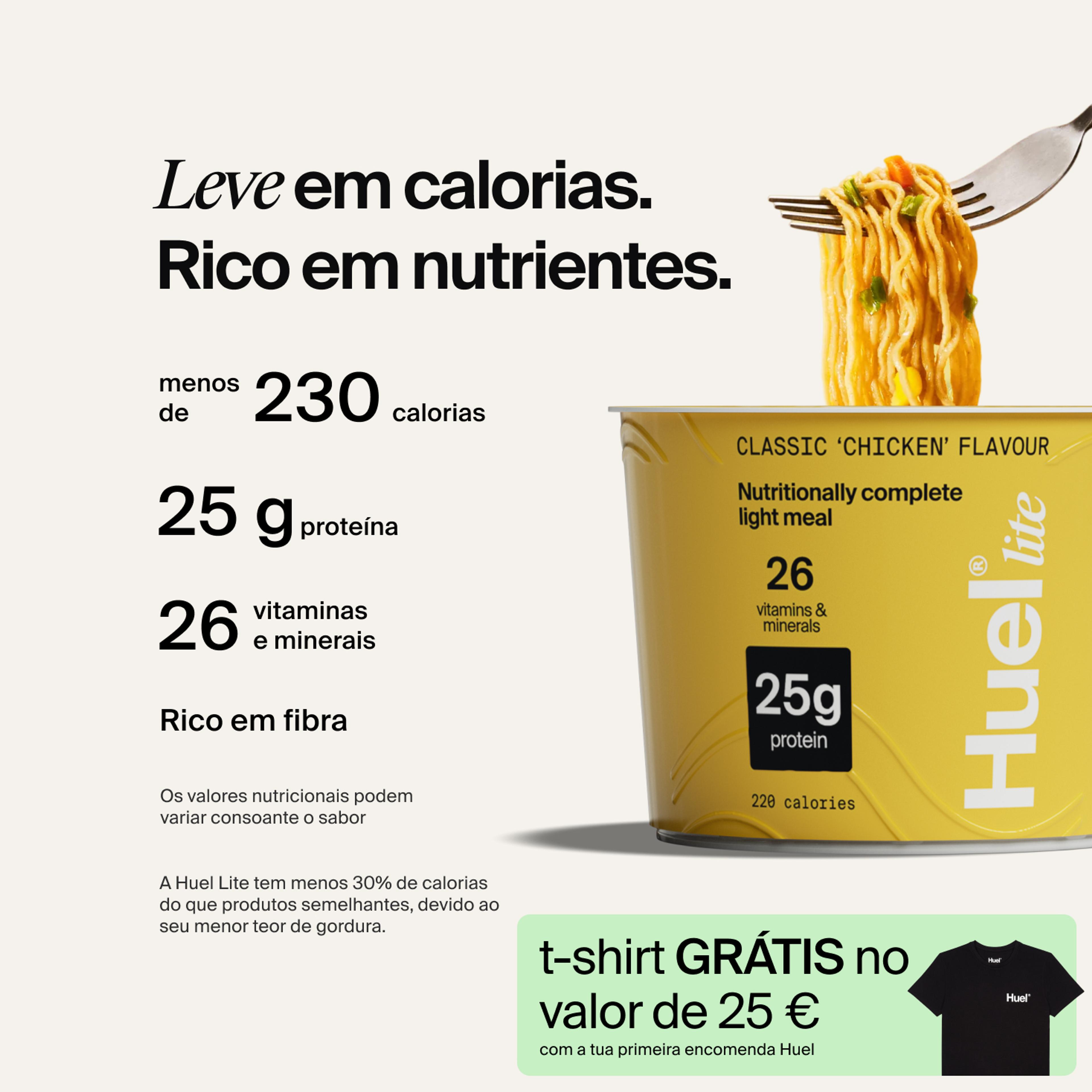 Um recipiente de Huel Lite Ramen com destaques de nutrição completa