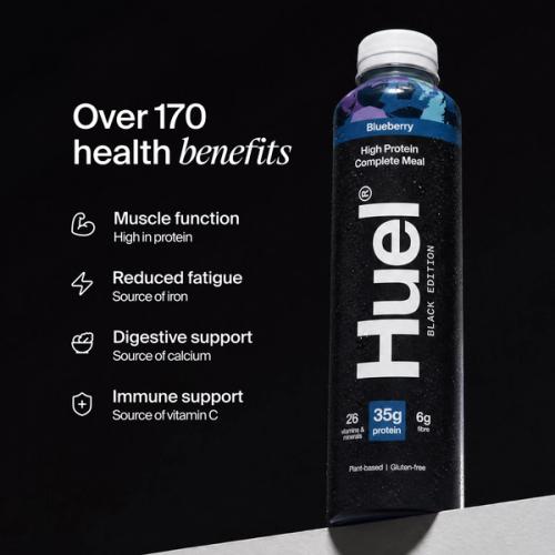 Bottle of Huel Ready-to-drink with health benefits written beside it