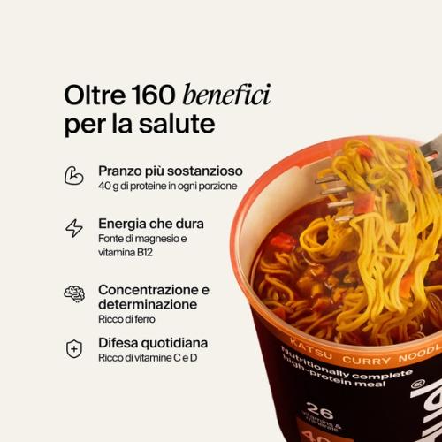 An open pot of Huel Black Edition Ramen on a neutral colour background with benefits listed