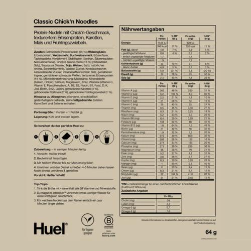 Rückseite einer Packung Huel Lite Ramen mit Nährwertangaben