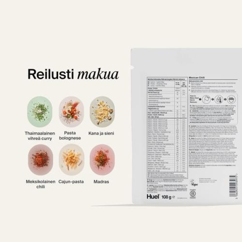 Huel Hot & Savoury -ateriapakkauksen kääntöpuoli ja ravintosisältö