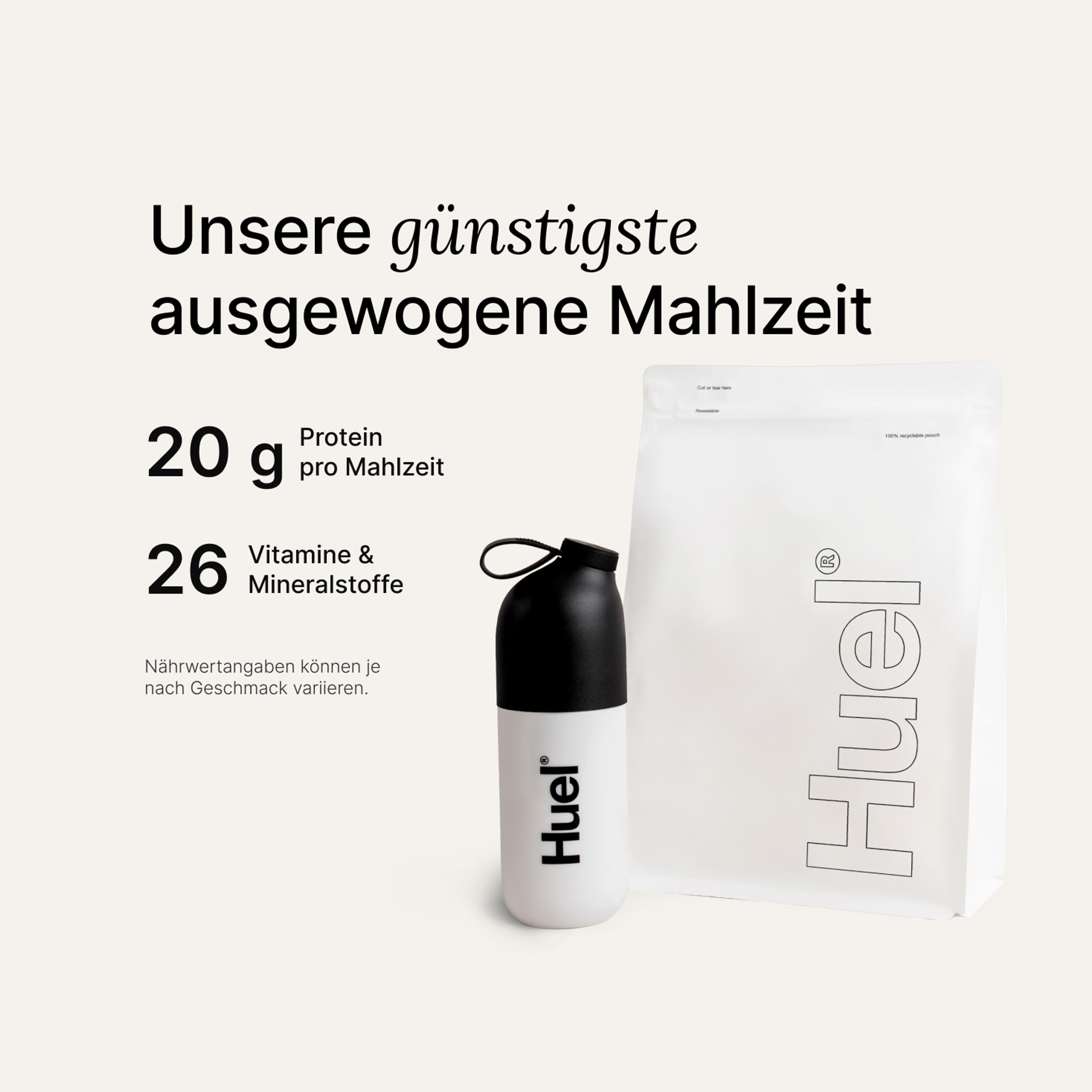 A white pouch of Huel Essential and a Huel shaker on a neutral colour background