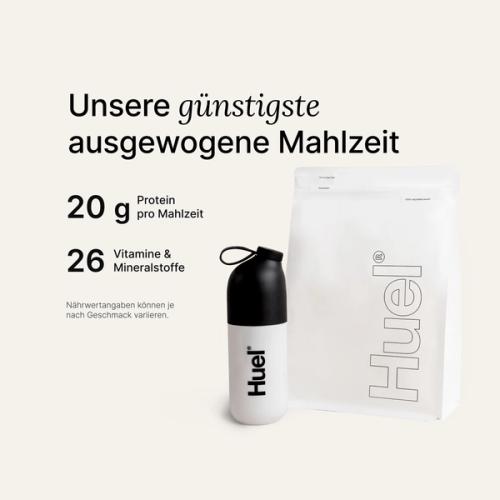 A white pouch of Huel Essential and a Huel shaker on a neutral colour background