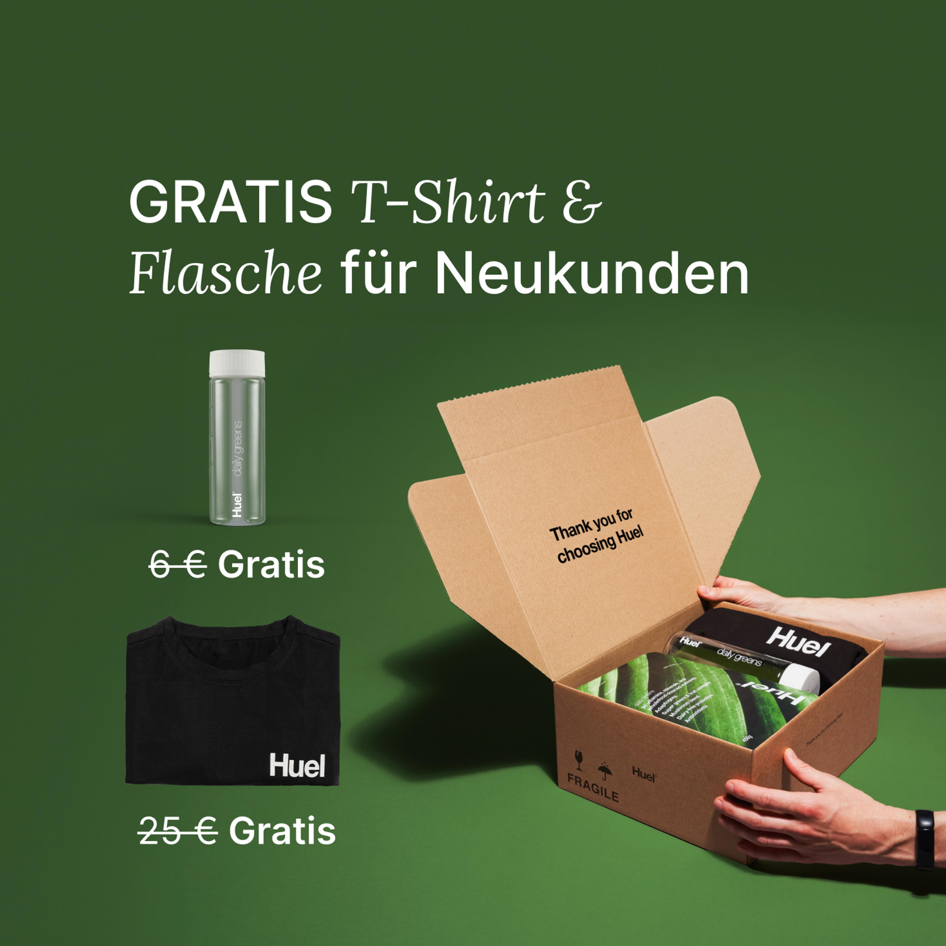 Unboxing a Huel order containing Daily Greens powder, a black Huel t-shirt, and a clear bottle, set against a green background.