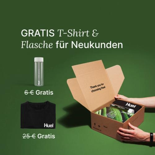 Unboxing a Huel order containing Daily Greens powder, a black Huel t-shirt, and a clear bottle, set against a green background.