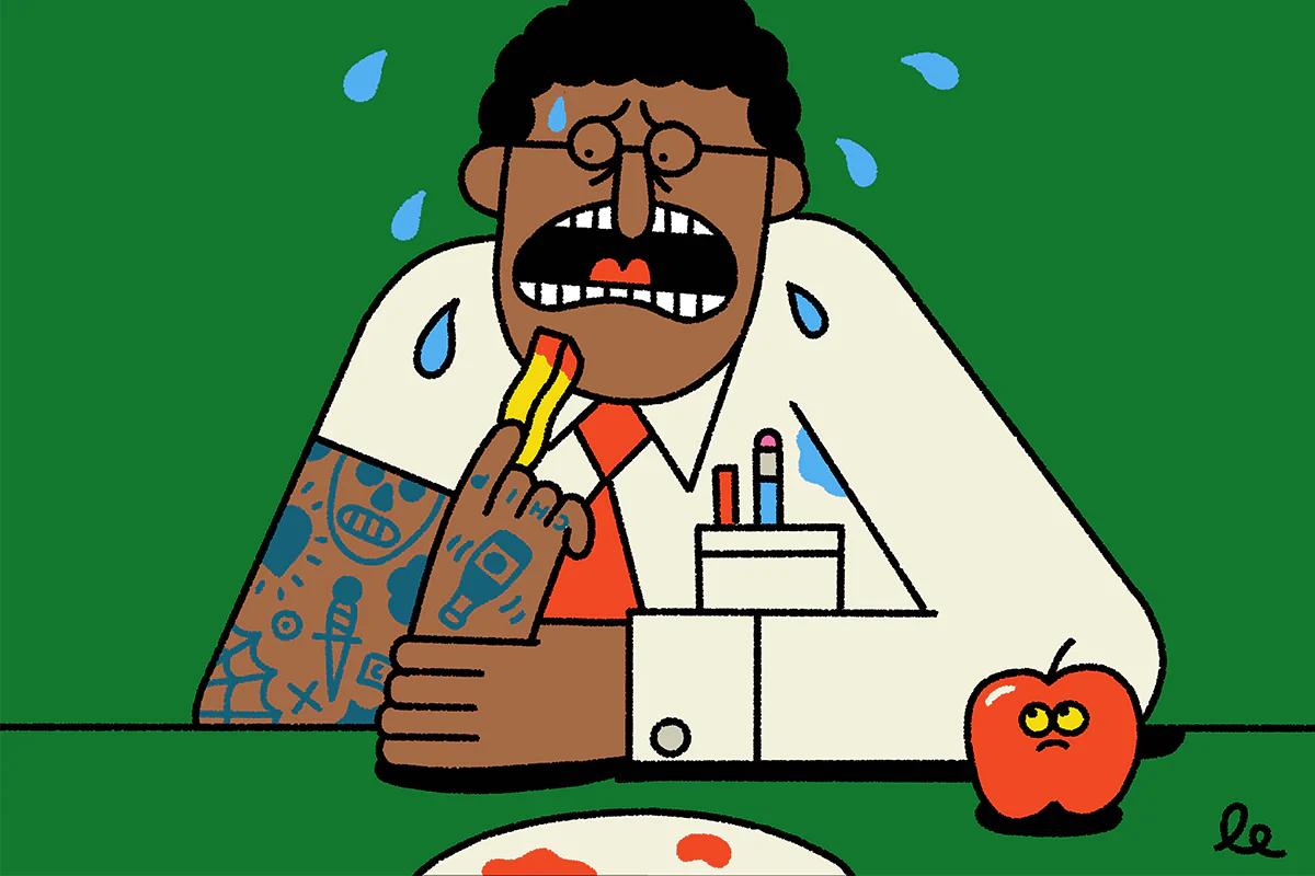 cartoon image of a man sweating and panicking as he tries to prevent himself from eating a chip