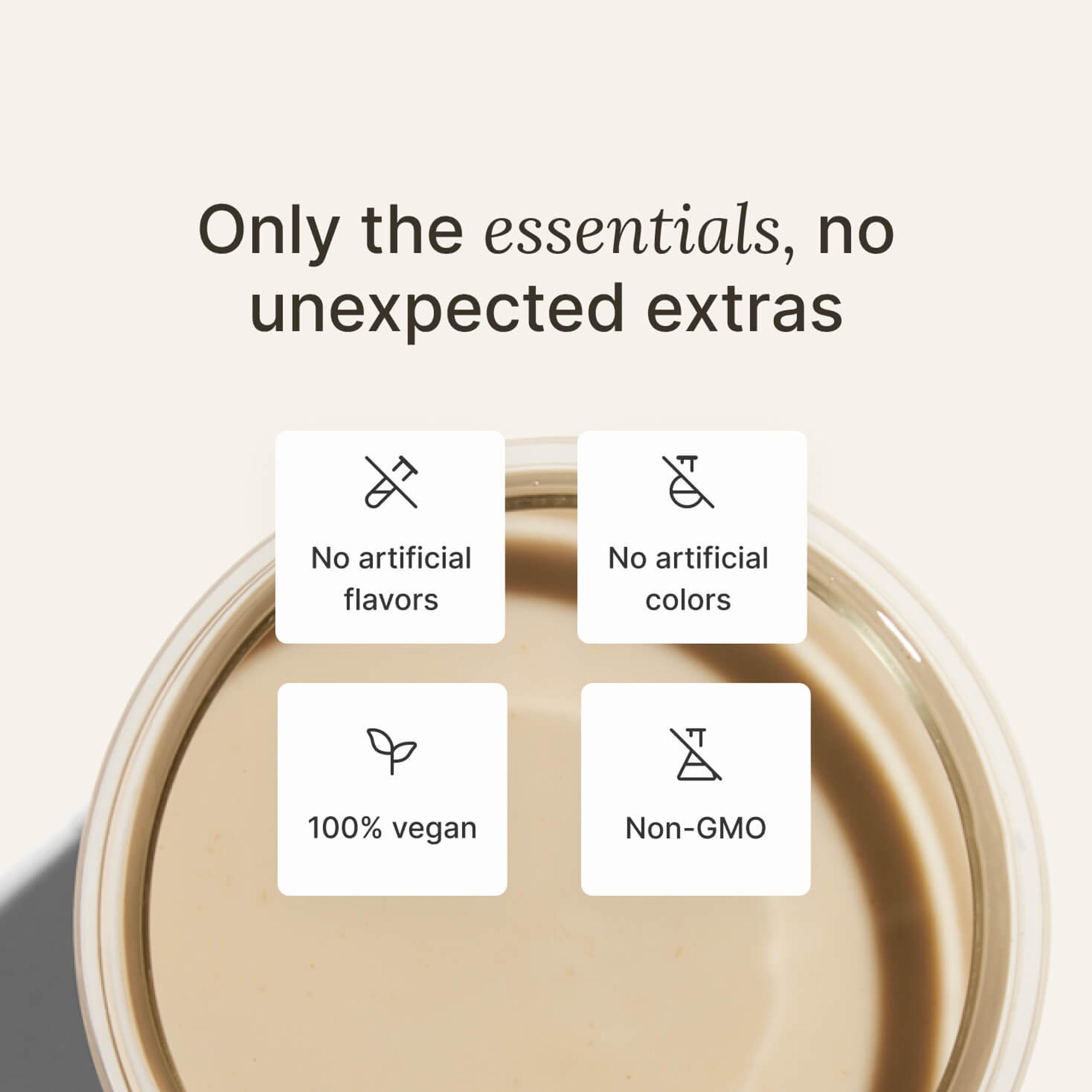 image of a glass of Huel meal replacement drink on a neutral colour background with key health benefits