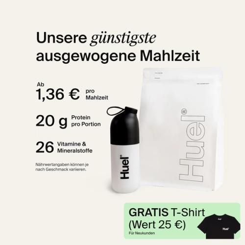 A white pouch of Huel Essential and a Huel shaker on a neutral colour background