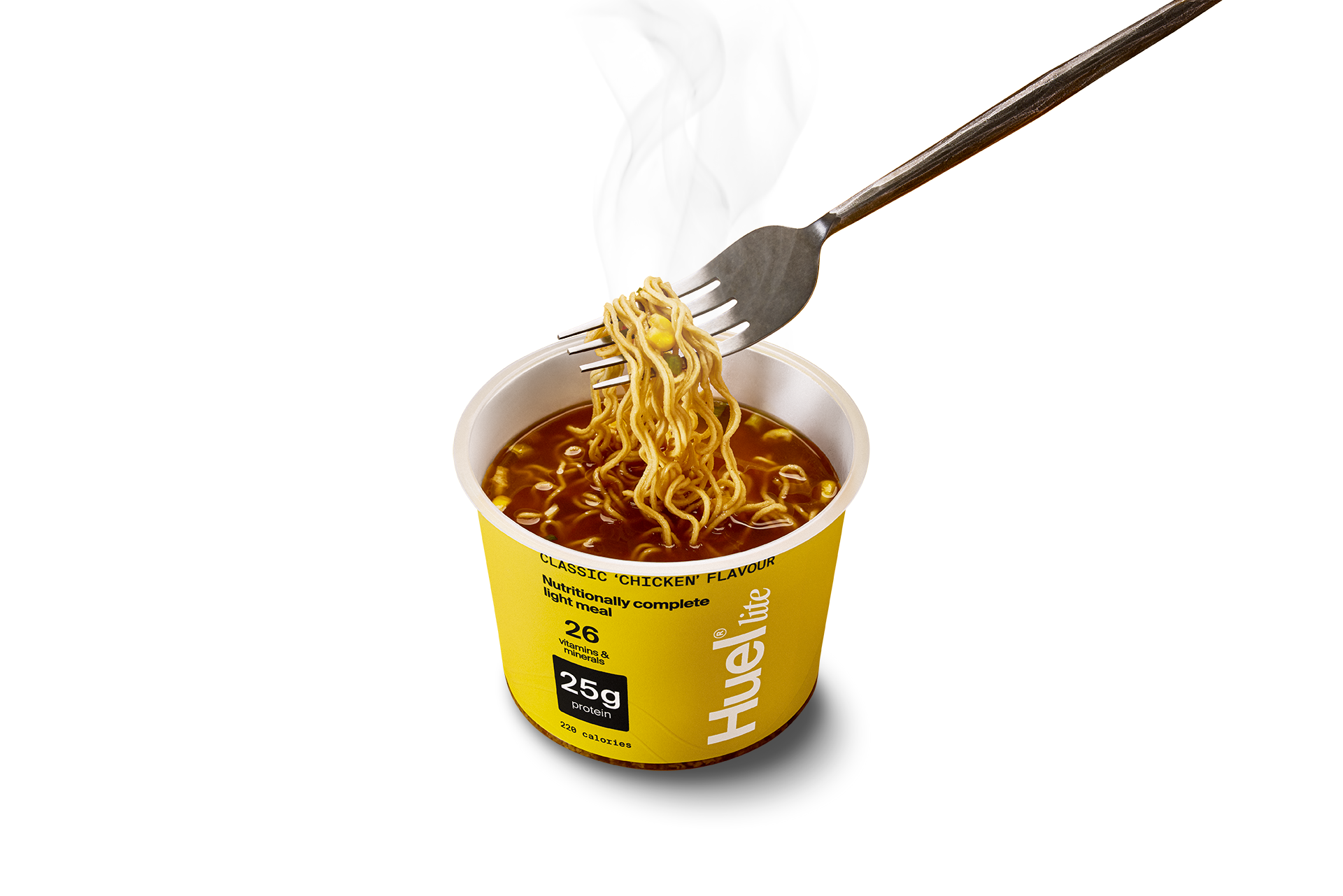A Huel Lite Ramen in Classic 'Chicken' flavour with a fork pulling noodles out on a white background